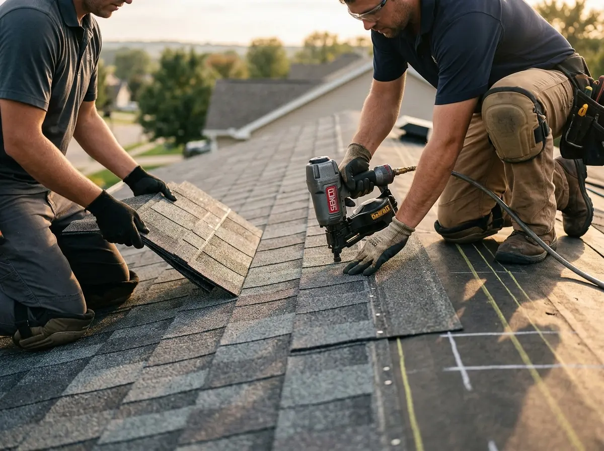 Professional roofer working on a residential roof in Barnhart